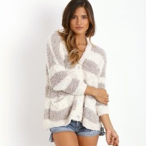 Free People Marshmallow Striped V-Neck Cardigan in Ivory/Tan - size Small